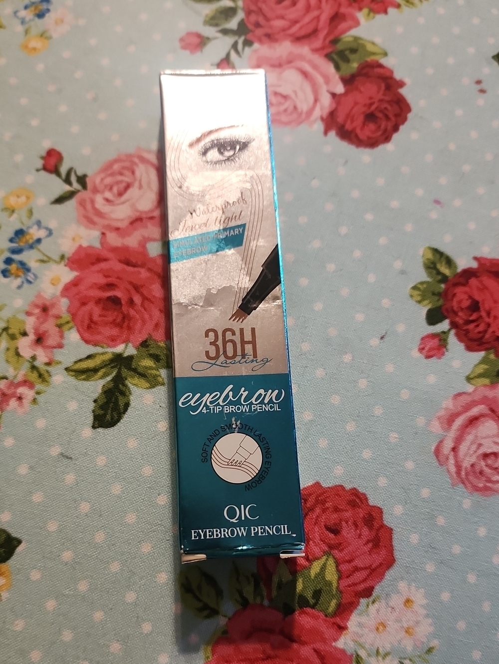 Qi Teal and Silver 36H Eyebrow 4-Tip Pencil Shade #1 Light Brown